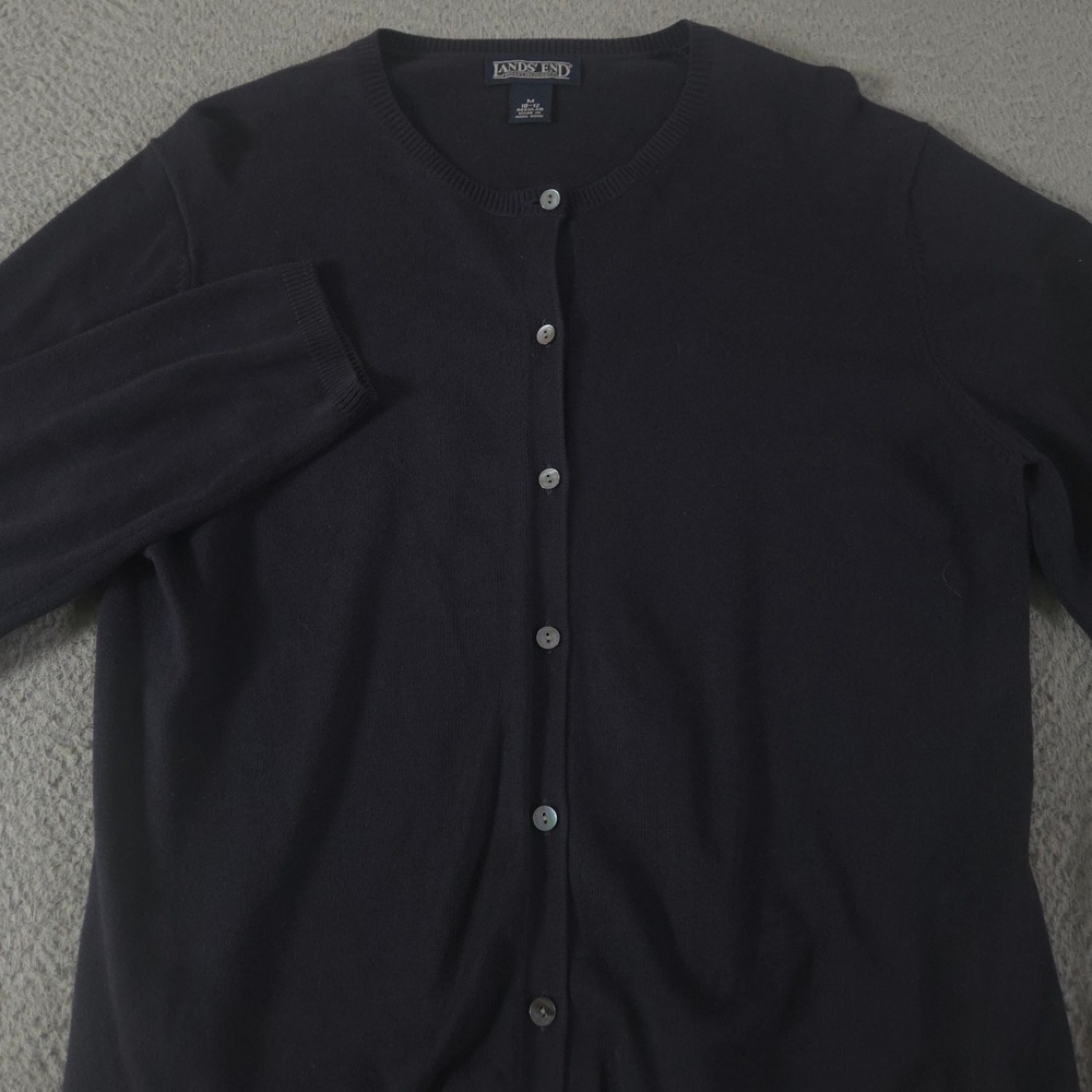 VINTAGE Lands' End Sweater Womens M Navy Pearl Buttons 100% Cotton Cardigan 90s